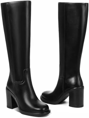 cynllio black knee high boots for women tall platform gogo boot heeled leather botas w 354 chunky heel square toe side zipper size 10