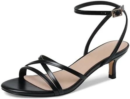 cynllio black strappy kitten heels for women 2 inch low heel small sandals ankle stap round open toe short sandalias de mujer wedding dressy shoes size 8
