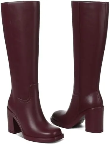 cynllio burgundy knee high boots for women tall platform gogo boot heeled leather botas w 354 chunky heel square toe side zipper size 85