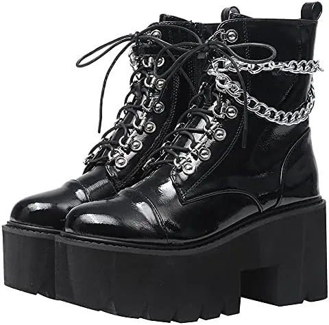 cynllio fashion block heel platform chain combat ankle booties womens lace up studded motorcycle boots mid calf goth boots
