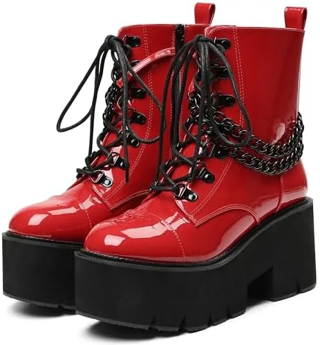 cynllio red platform boots for women combat ankle boots rave goth chunky wedge heel booties punk chain lace up zipper shoes for festival concert cosplay party size 7
